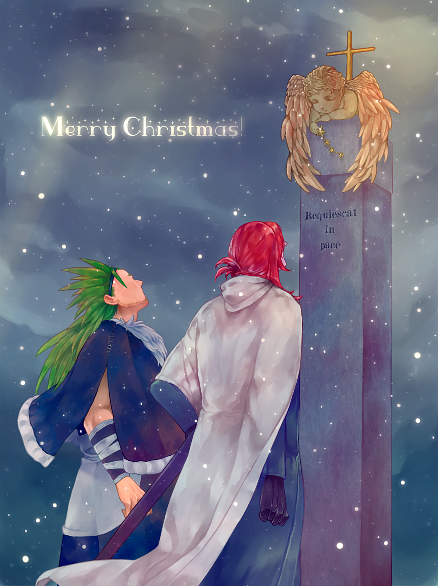 2boys brothers capelet cloak colored_skin facial_hair fur_trim gannen_harst gloves green_hair hairband hatsune_(leaden_heart07) hood hooded_cloak long_hair male_focus multiple_boys ponytail purple_skin red_hair siblings spiked_hair stubble the_saga_of_darren_shan tombstone vancha_march