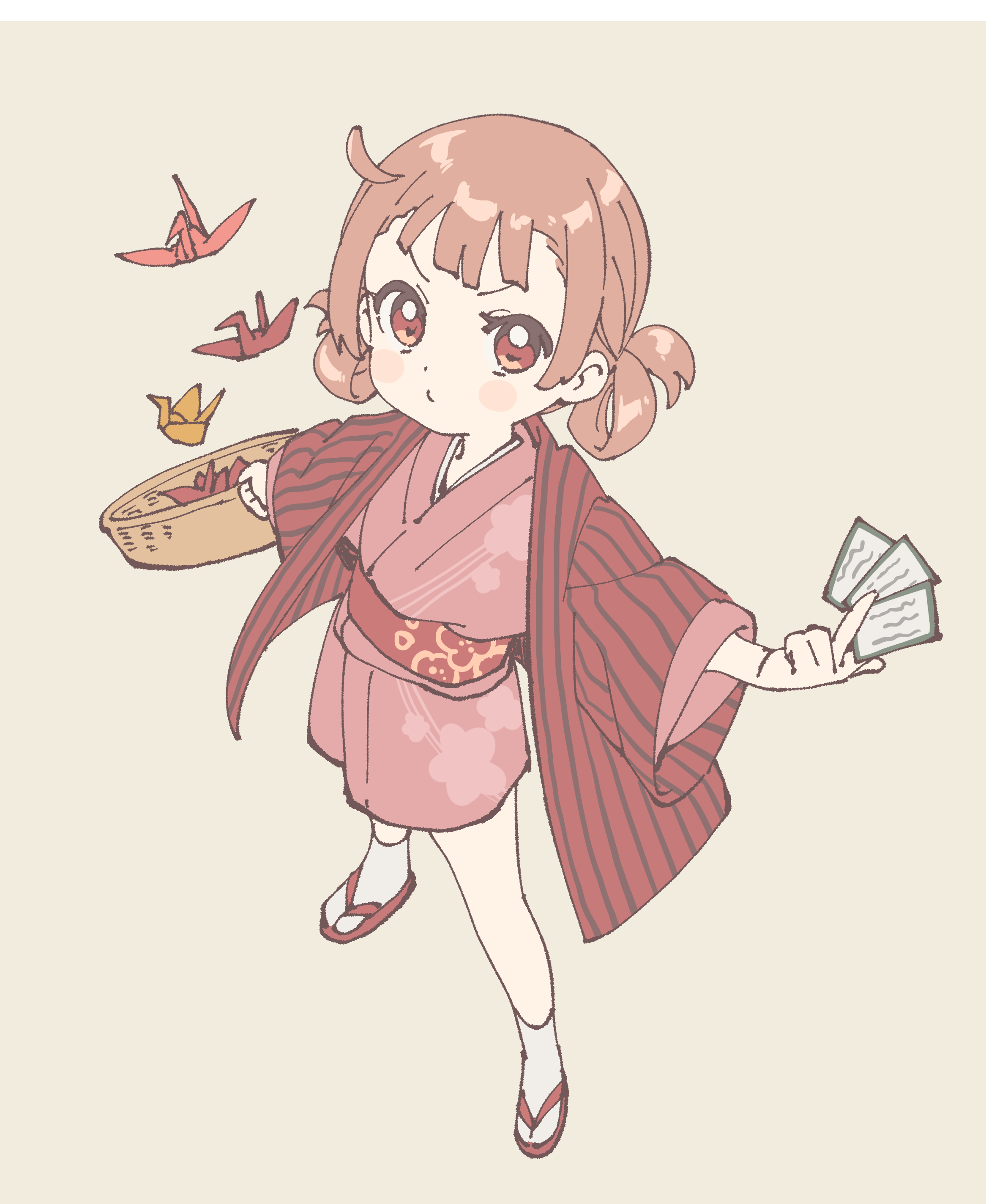 1girl absurdres basket blush_stickers brown_hair card center-flap_bangs child floating floating_object floral_print floral_print_kimono floral_print_sash grey_background hair_rings haori highres holding holding_basket holding_card jacket japanese_clothes karuta_(card_game) kimono long_sleeves looking_at_viewer namori obi origami original paper_crane pink_kimono print_kimono puckered_lips red_eyes red_haori red_sash sandals sash short_kimono simple_background solo striped_clothes striped_jacket tabi v-shaped_eyebrows wide_sleeves zouri