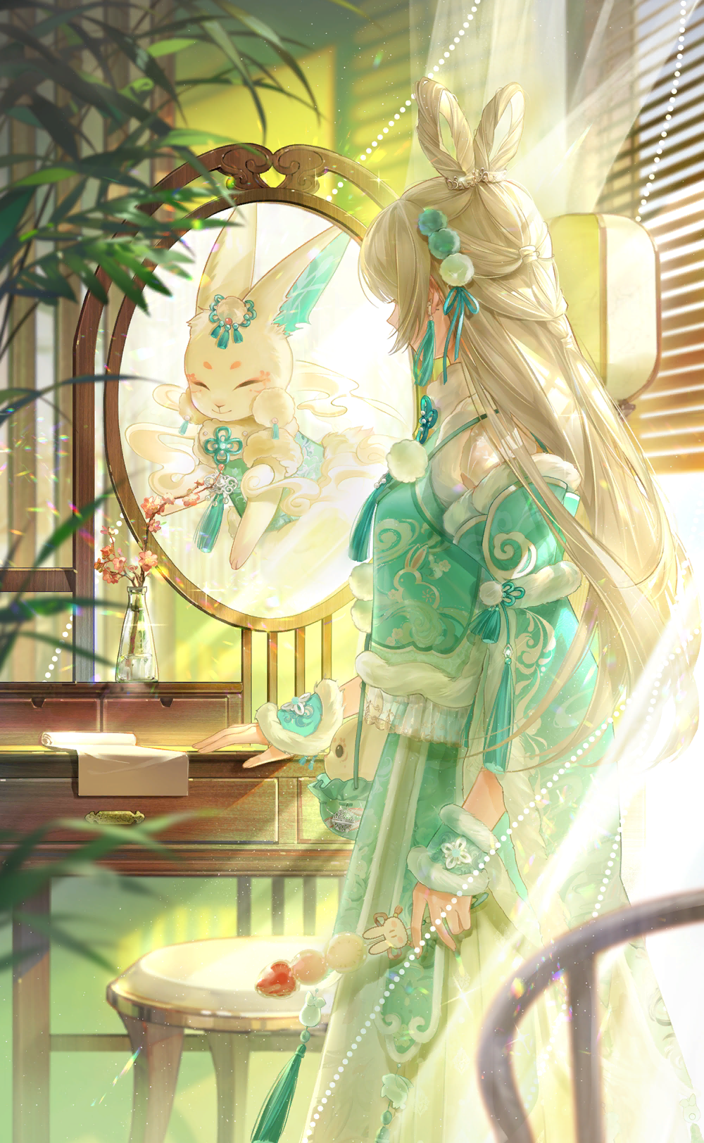 1girl ^_^ animal animal_print aqua_ribbon aqua_sleeves aqua_vest aqua_wrist_cuffs artist_request blinders blonde_hair chair chinese_clothes closed_eyes clothed_animal cloud_print day detached_sleeves different_reflection earrings feet_out_of_frame food fur-trimmed_sleeves fur-trimmed_wrist_cuffs fur_trim game_cg ghost_liar_(shining_nikki) grey_skirt hair_ears hair_ornament hair_ribbon high-waist_skirt highres holding holding_food indoors jewelry lantern light_particles light_rays long_hair long_skirt long_sleeves looking_at_reflection mandarin_collar mirror nikki_(series) official_art paper_lantern plant pleated_skirt pointy_nose pom_pom_(clothes) pom_pom_hair_ornament potted_plant rabbit rabbit_print reflection ribbon shining_nikki skirt snow_woven_(shining_nikki) solo stool sunlight tassel tassel_earrings very_long_hair vest wide_sleeves wrist_cuffs