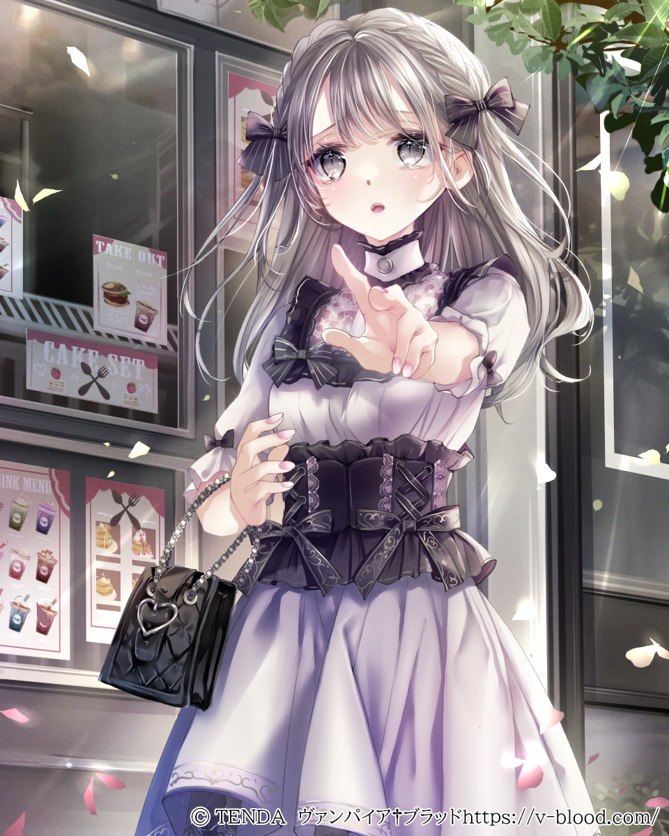 1girl bag black_bow black_corset blue_skirt bow braid breasts commentary_request copyright_name copyright_notice corset cowboy_shot crown_braid day falling_petals grey_eyes grey_hair hair_bow handbag hane_segawa highres koizuka_hatsuna long_hair medium_breasts menu_board nail_polish official_art open_mouth outdoors petals pink_nails pink_petals pointing restaurant shirt short_sleeves skirt solo standing vampire_blood white_bag white_shirt white_skirt