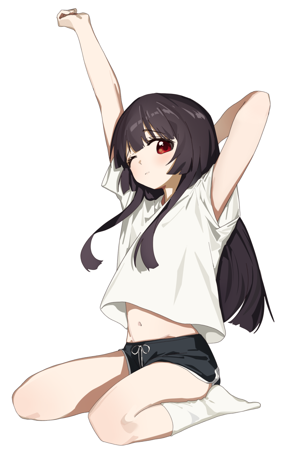 1girl black_hair black_shorts blush closed_mouth keibi_inu long_hair matsumoto_rise navel one_eye_closed red_eyes shorts solo stretching wink yuru_yuri