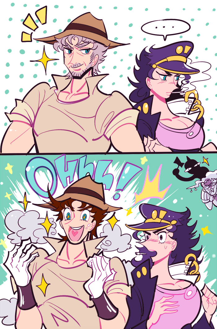 2boys 2girls age_regression aged_down alessi bad_id bad_pixiv_id breasts cleavage comic genderswap genderswap_(mtf) hat invaderdarling jojo_no_kimyou_na_bouken joseph_joestar joseph_joestar_(old) joseph_joestar_(young) kuujou_joutarou large_breasts multiple_boys multiple_girls sethan_(stand) smoke stand_(jojo) transformation