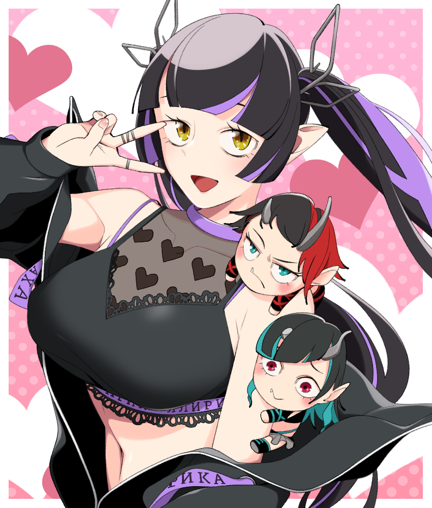3girls black_hair black_jacket black_shirt blue_eyes blue_hair blunt_bangs blush breasts chibi closed_mouth commentary_request crop_top demon_girl demon_horns fang fang_out heart heart_print horns jacket jewelry kino5kinoko kojo_anna kojo_anna_(1st_costume) large_breasts long_hair long_sleeves looking_at_viewer multicolored_hair multiple_girls nanashi_inc. navel off_shoulder open_clothes open_jacket open_mouth pink_background pointy_ears print_shirt purple_hair red_eyes red_hair ring russian_text ryugasaki_rene ryugasaki_rene_(1st_costume) see-through_clothes see-through_shirt shirt shishio_chris shishio_chris_(1st_costume) short_hair sleeveless sleeveless_shirt smile twintails two-tone_hair upper_body v v_over_eye virtual_youtuber yellow_eyes