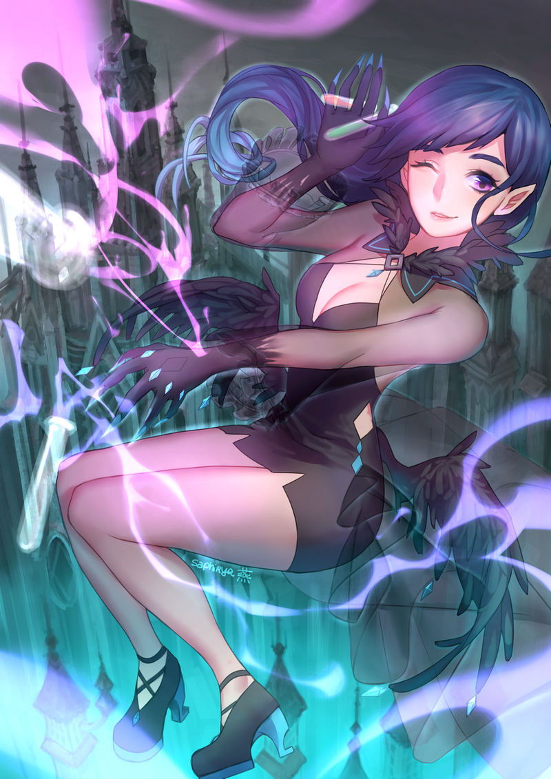 1girl alys blue_hair breasts cleavage female_focus gloves halloween high_heels long_hair medium_breasts nail_polish purple_eyes saphirya voxwave witch