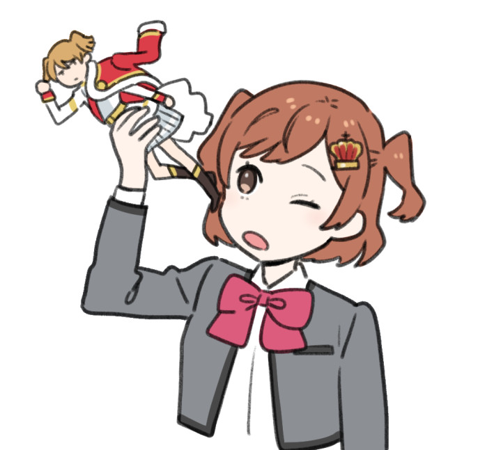 1girl aijou_karen arm_at_side arm_up bow bowtie breast_pocket brown_eyes brown_hair character_doll cropped_torso daiba_nana doll doll_panty_check grey_jacket holding holding_doll ito_fumi jacket light_blush long_sleeves looking_at_doll looking_at_object looking_up one_eye_closed open_clothes open_jacket open_mouth pocket red_bow red_bowtie school_uniform seishou_music_academy_uniform shirt short_hair shoujo_kageki_revue_starlight simple_background solo two_side_up upper_body white_background white_shirt