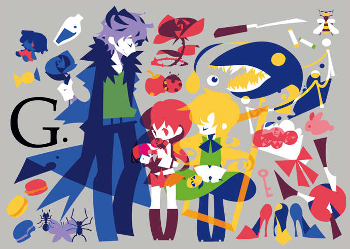 1boy 2girls ant bee blonde_hair blue_flower blue_rose brown_hair bug butterfly flat_color flower garry_(ib) high_heels ib_(ib) ib_(kouri) insect kaku_sugar key ladybug mary_(ib) multiple_girls pantyhose plant purple_hair red_flower red_rose rose shoes