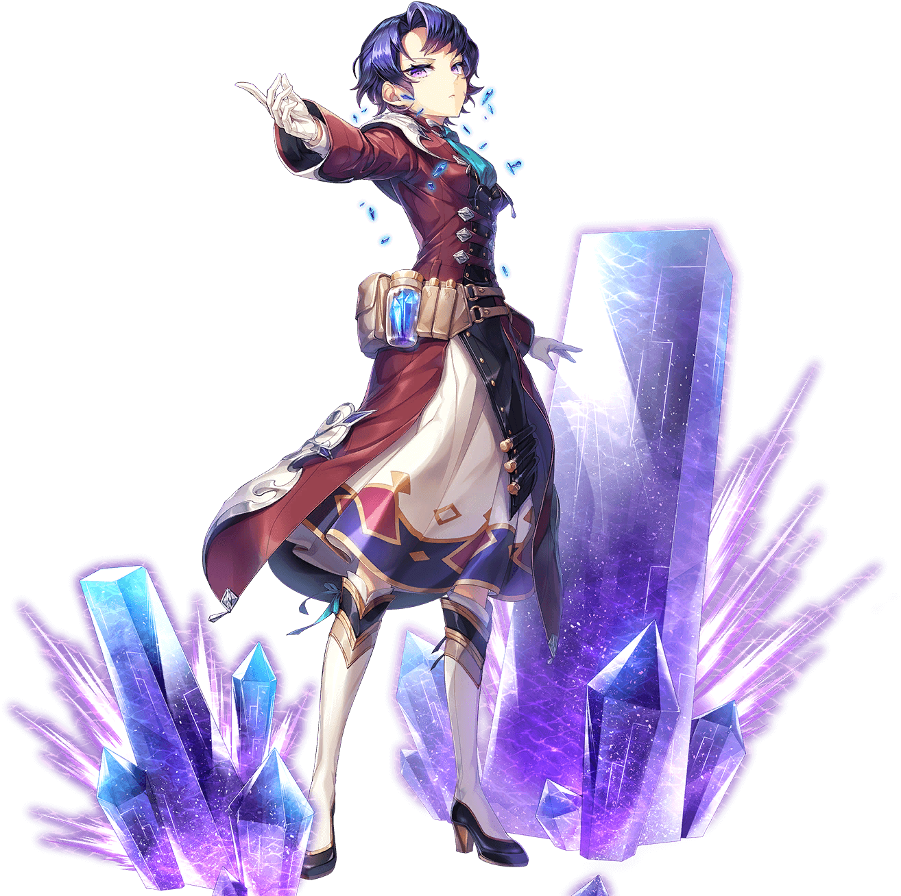 1girl aiz_(unitia) artist_request belt blue_hair breasts crystal dress full_body game_cg gloves high_heels highres long_sleeves looking_at_viewer official_art purple_eyes short_hair solo source_request transparent_background unitia white_gloves