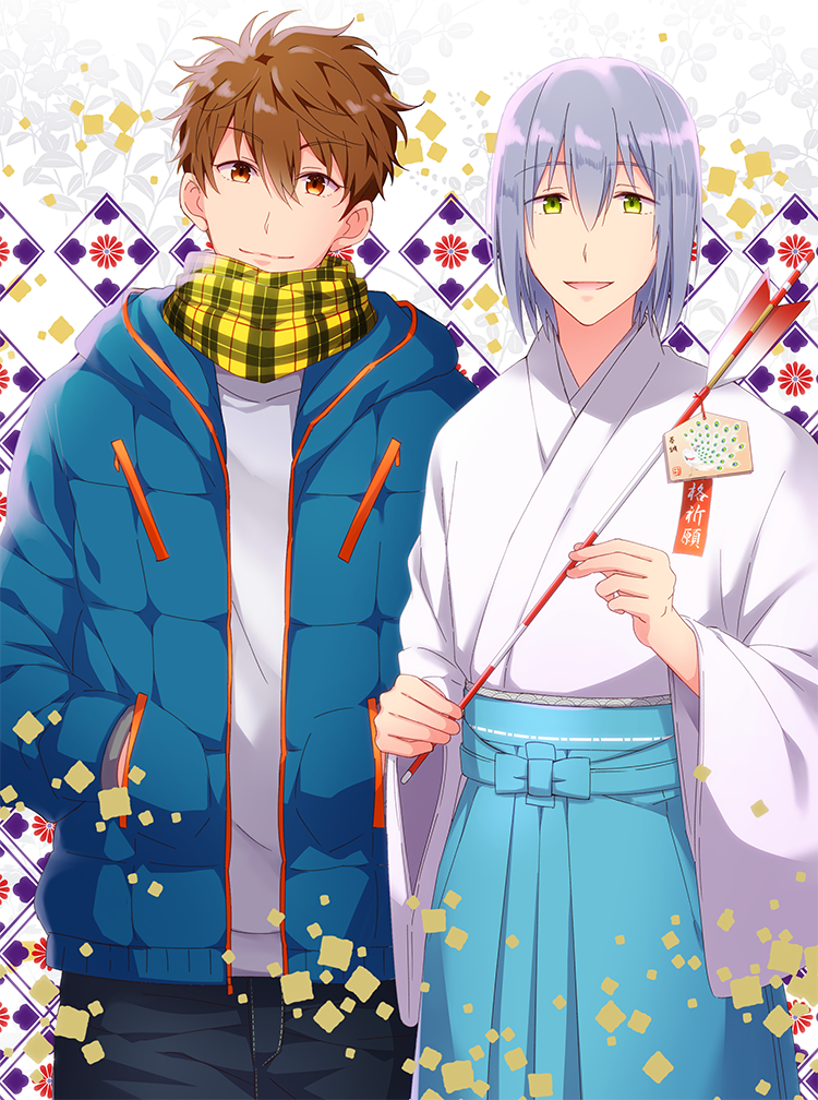 10s 2boys arrow_(projectile) bad_id bad_pixiv_id brown_eyes brown_hair coat cowboy_shot denim eyebrows flower free! green_eyes hakama hakama_skirt hands_in_pockets high_speed! iincho_(airi8751) japanese_clothes jeans kimono kirishima_natsuya male_focus messy multiple_boys aged_up open_clothes open_coat pants scarf serizawa_nao silver_hair skirt smile winter_clothes winter_coat