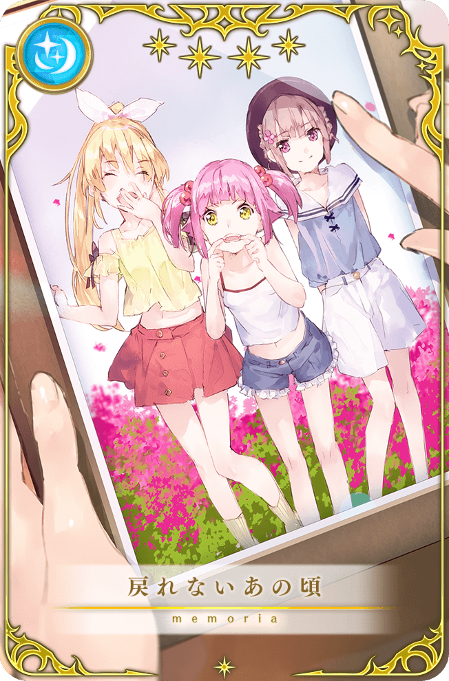 3girls ^_^ arms_behind_back azalea_(flower) bare_arms bare_legs bare_shoulders black_bow black_hat blonde_hair blouse blue_shirt blue_shorts bow buttons card_(medium) casual closed_eyes closed_mouth collared_shirt covering_own_mouth denim denim_shorts denim_skirt detached_sleeves eyelashes feet_out_of_frame fingernails flower frilled_shorts frills game_cg green_eyes grey_hair hair_bobbles hair_bow hair_flower hair_ornament happy hat high_ponytail holding holding_picture_frame knees leaning_forward long_hair magia_record:_mahou_shoujo_madoka_magica_gaiden mahou_shoujo_madoka_magica midriff mikuri_ayame miniskirt mouth_pull multiple_girls navel official_art photo_(object) picture_frame pink_eyes pink_flower pink_hair pleated_skirt ponytail red_skirt sailor_collar shirt shizumi_konoha short_hair short_sleeves short_twintails shorts skirt sleeve_bow sleeveless sleeveless_shirt smile socks spaghetti_strap star_(symbol) tank_top teeth translated twintails upper_teeth_only white_bow white_sailor_collar white_shorts white_socks white_tank_top yellow_shirt yellow_sleeves yusa_hazuki yuugen