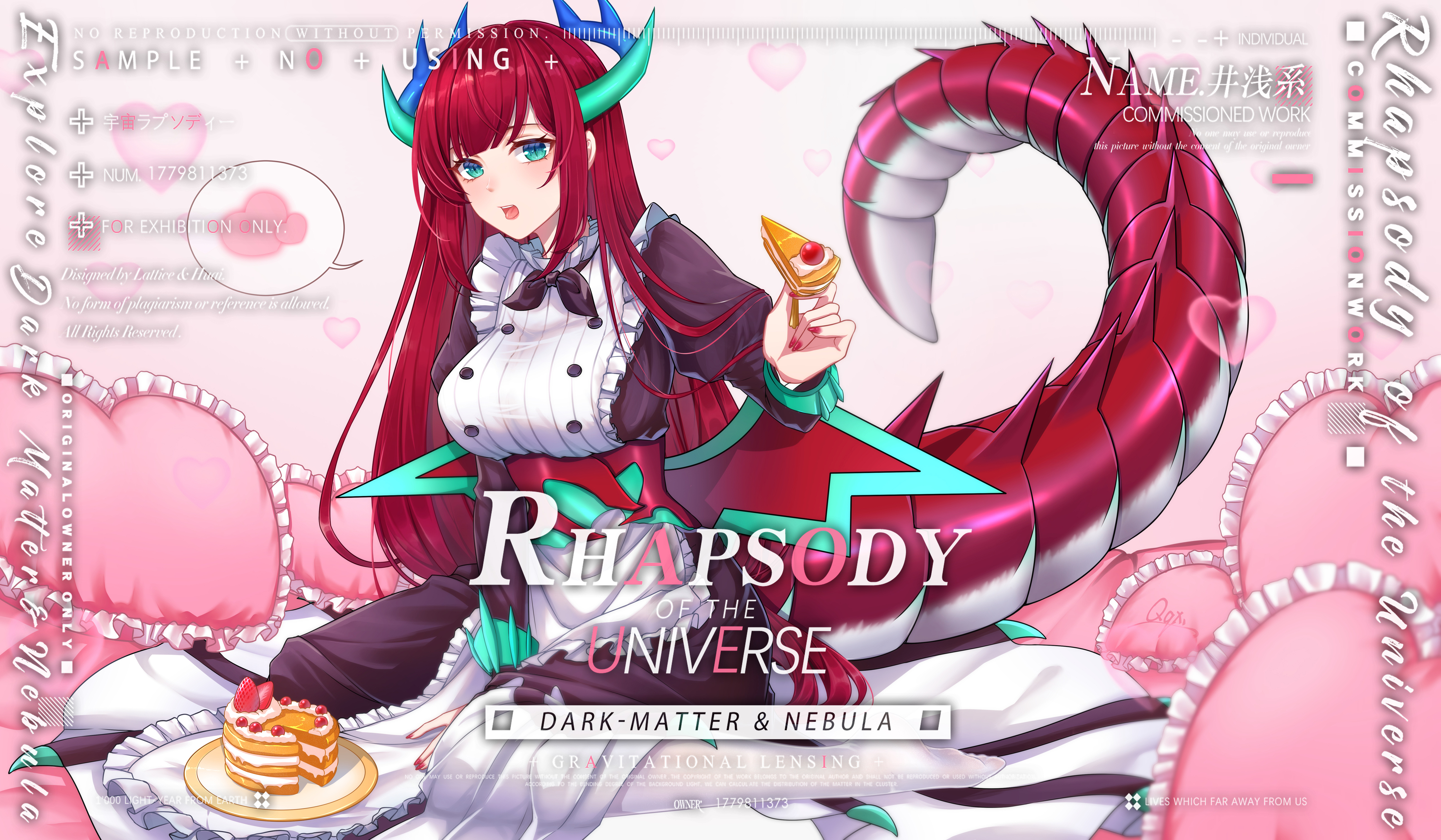 absurdres apron blue_eyes blush breasts cake cake_slice chef dragon_girl dragon_horns dragon_tail dragon_wings dress duel_monster food frilled_apron frills heart heart-shaped_pillow highres holding holding_cake holding_food horns jingqianxi kitchen_dragonmaid large_breasts long_sleeves maid maid_apron open_mouth pillow puffy_long_sleeves puffy_sleeves red_hair sitting strawberry_cake tail wariza white_apron wings yu-gi-oh!