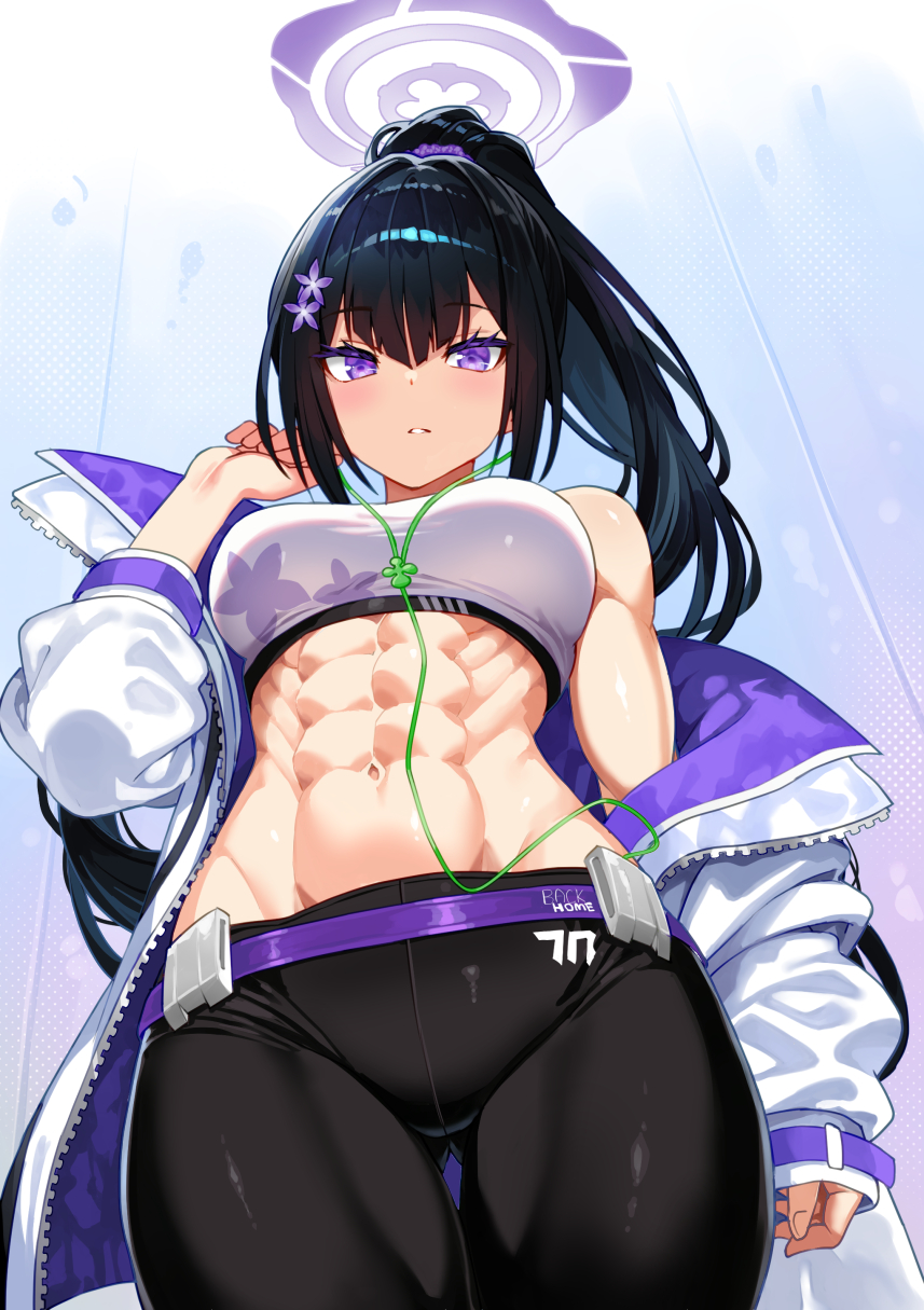 1girl abs black_hair black_pants blue_archive commission earphones flower from_below hair_flower hair_ornament halo highres jacket long_hair looking_at_viewer murata_taichi muscular muscular_female navel open_clothes open_jacket pants pixiv_commission ponytail purple_eyes purple_halo solo sports_bra sumire_(blue_archive) sweatband very_long_hair white_sports_bra yoga_pants