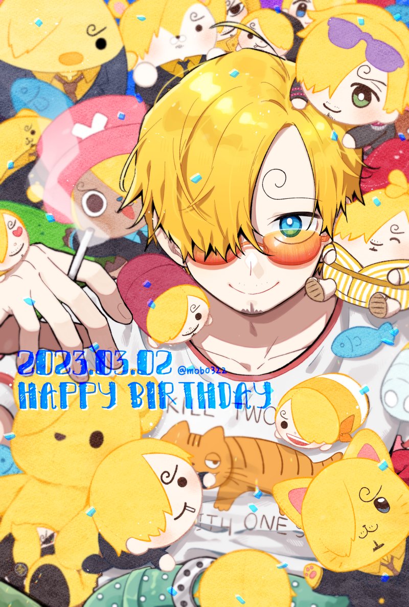 1boy 2023 :&gt; ahoge animalization armband beard_stubble belt black_eyes black_necktie blonde_hair blue_eyes blue_nose blue_shirt character_doll cigarette collared_shirt commentary confetti cosplay curly_eyebrows dated_commentary doll facial_hair formal_clothes green_belt green_eyes hair_over_one_eye happy_birthday heart heart-shaped_pupils holding holding_cigarette japanese_clothes kimono looking_at_viewer male_focus mob0322 mustache_stubble necktie one_piece orange-tinted_eyewear orange_armband orange_cat pawpads pink_headwear purple-tinted_eyewear sandals sanji_(one_piece) sanji_(one_piece)_(cosplay) shirt short_hair smile striped_clothes stubble stuffed_animal stuffed_bird stuffed_fish stuffed_mouse stuffed_toy suit sunglasses symbol-shaped_pupils t-shirt teddy_bear tinted_eyewear tony_tony_chopper too_many twitter_username upper_body whiskers white_shirt yellow_shirt