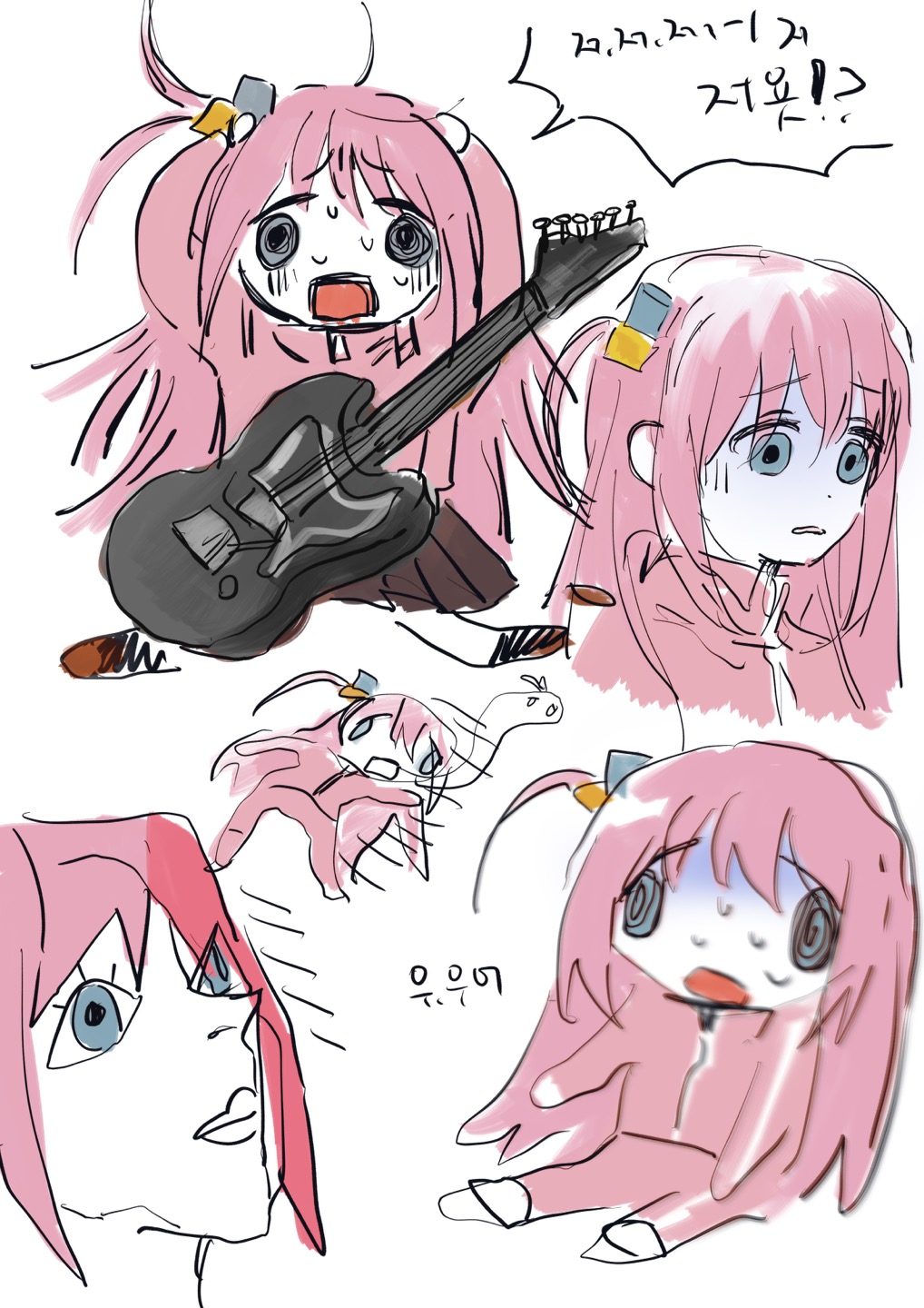1girl blue_eyes bocchi_the_rock! brown_footwear brown_skirt chibi chibi_inset formal_clothes ghost goguma_wagamja gotoh_hitori grey_eyes guitar highres hood hoodie instrument korean_text long_hair nervous nervous_sweating open_mouth pink_hair pink_hoodie pink_suit project_sekai sketch skirt speech_bubble suit sweat talking