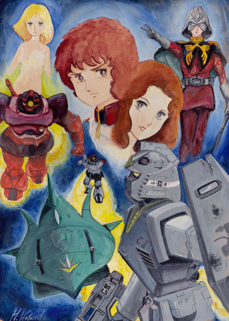 2boys 2girls al_cuzco amuro_ray artist_request blonde_hair brown_hair char_aznable elmeth g-3_gundam gloves gundam helmet mask mecha military military_uniform mobile_suit_gundam multiple_boys multiple_girls nude rick_dom rick_dom_char_custom robot rocket_launcher sayla_mass weapon