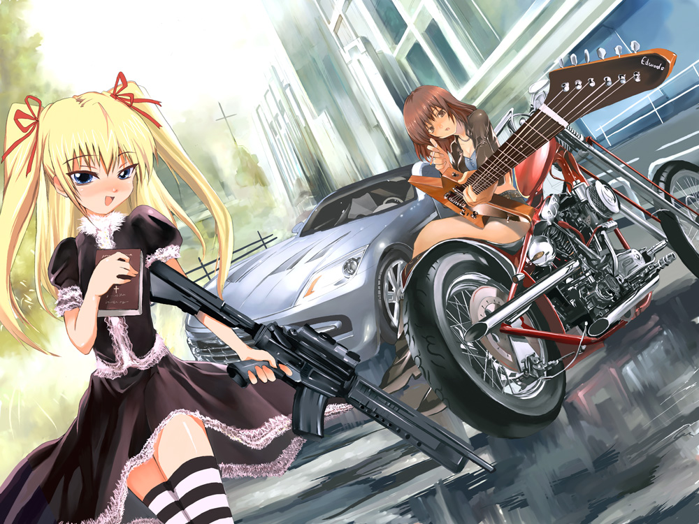 2girls assault_rifle bible_(object) black_theme black_thighhighs car chrysler cigarette cigarette_holder electric_guitar foreshortening goth_fashion guitar gun holding holding_cigarette instrument left-hand_drive m16 motor_vehicle motorcycle multiple_girls rifle shihira_tatsuya striped_clothes striped_thighhighs thighhighs twintails weapon white_thighhighs