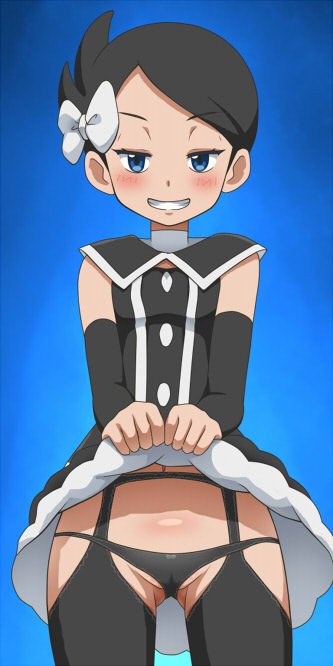 1girl awa black_dress black_hair black_panties black_thighhighs blue_background blue_eyes blush bow cameltoe clothes_lift collared_dress commentary_request cowboy_shot detached_sleeves dress dress_lift garter_belt garter_straps grin hair_bow lifting_own_clothes looking_at_viewer marley_(pokemon) nintendo panties pokemon pokemon_dppt short_hair sleeveless sleeveless_dress smile solo teeth thighhighs underwear white_bow