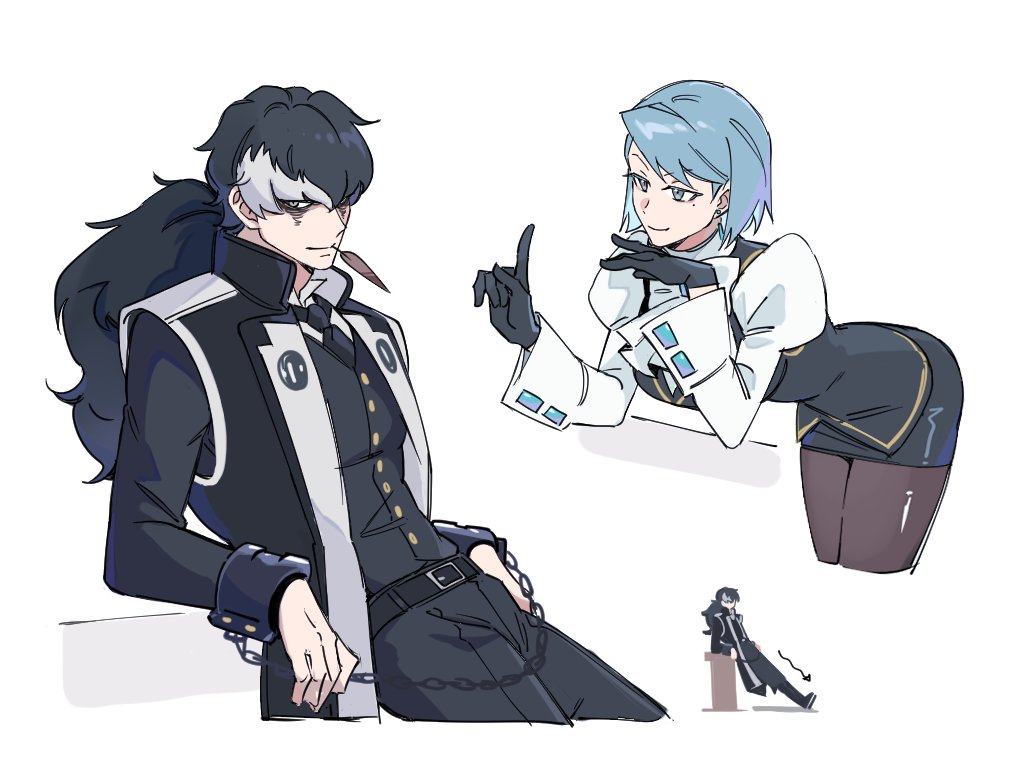 1boy 1girl ace_attorney bags_under_eyes belt bent_over big_hair black_coat black_gloves black_hair black_pants black_skirt buttons chain closed_mouth coat commentary_request cropped_legs cuffs feather_in_mouth gloves grey_eyes grey_hair handcuffs index_finger_raised juliet_sleeves long_sleeves mole mole_under_eye multicolored_hair multiple_views pants pantyhose pencil_skirt phoenix_wright:_ace_attorney_-_dual_destinies phoenix_wright:_ace_attorney_-_justice_for_all ponytail puffy_sleeves short_hair simon_blackquill simple_background skirt smile two-tone_hair white_background white_hair yeah_objection