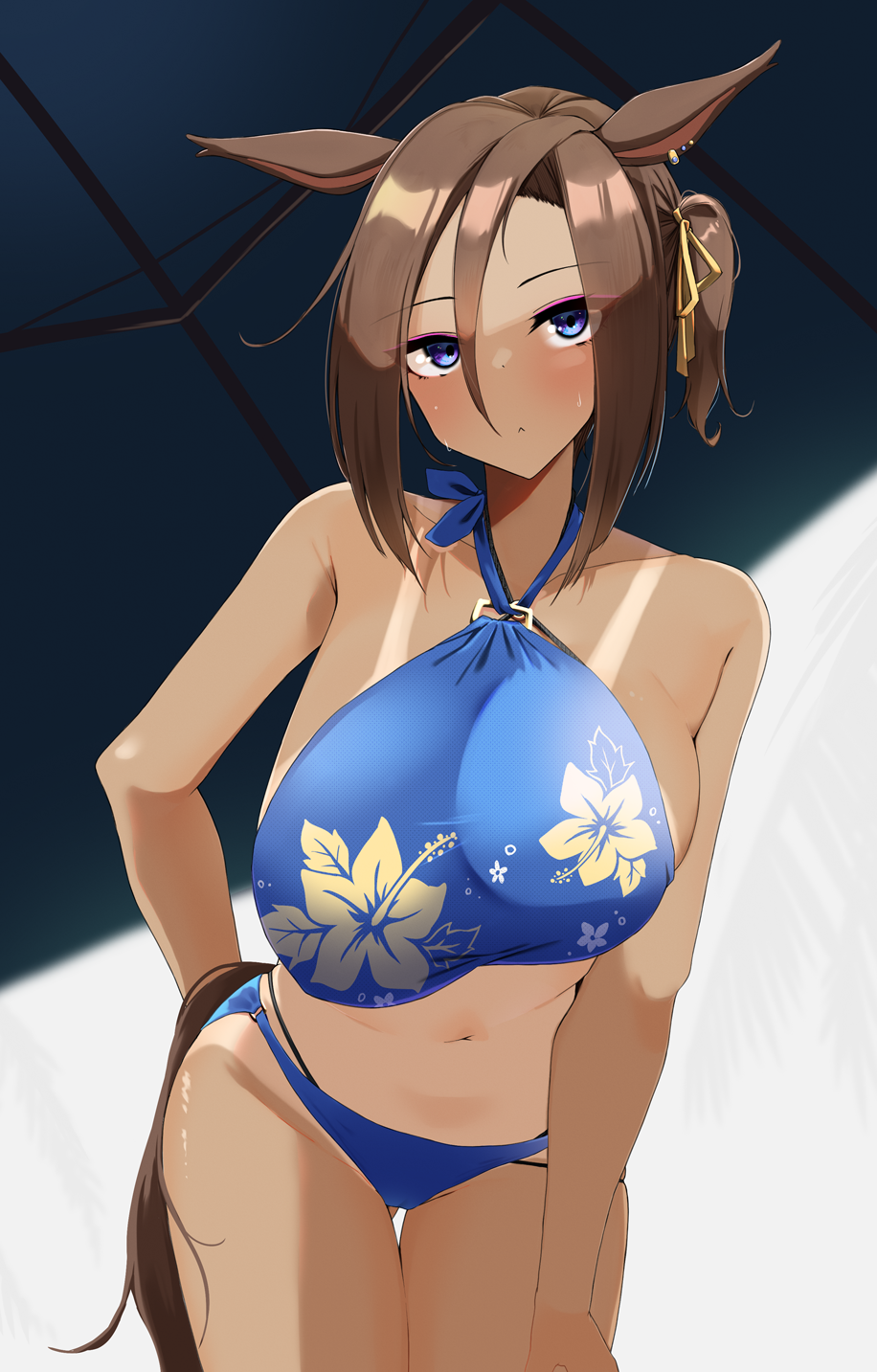 1girl air_groove_(umamusume) animal_ears bare_shoulders bikini blue_bikini blue_eyes blush breasts brown_hair collarbone commentary_request cowboy_shot earrings eyeshadow hair_between_eyes hand_on_own_hip highres horse_ears horse_girl horse_tail jewelry komb large_breasts looking_at_viewer makeup midriff navel one_side_up paid_reward_available parted_lips red_eyeshadow short_hair sidelocks single_earring solo standing swimsuit tail tan tanline umamusume