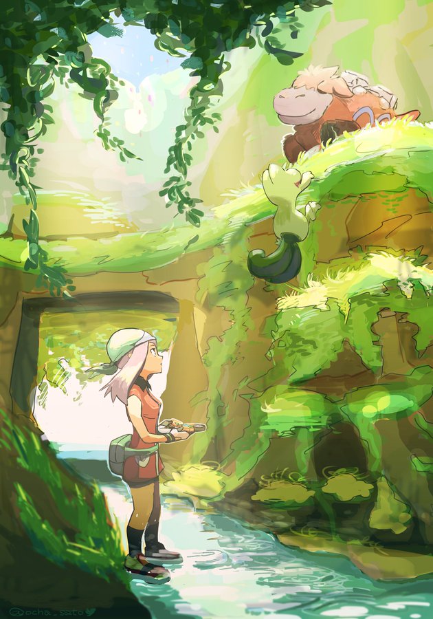1girl bad_id bad_twitter_id bandana bike_shorts black_legwear camerupt collared_dress commentary_request day dress fanny_pack gen_3_pokemon gloves grass green_bag green_bandana holding long_hair looking_up may_(pokemon) nintendo orange_dress outdoors pokemon pokemon_(creature) pokemon_emerald pokemon_rse shoes short_dress socks standing terrible_burst treecko water