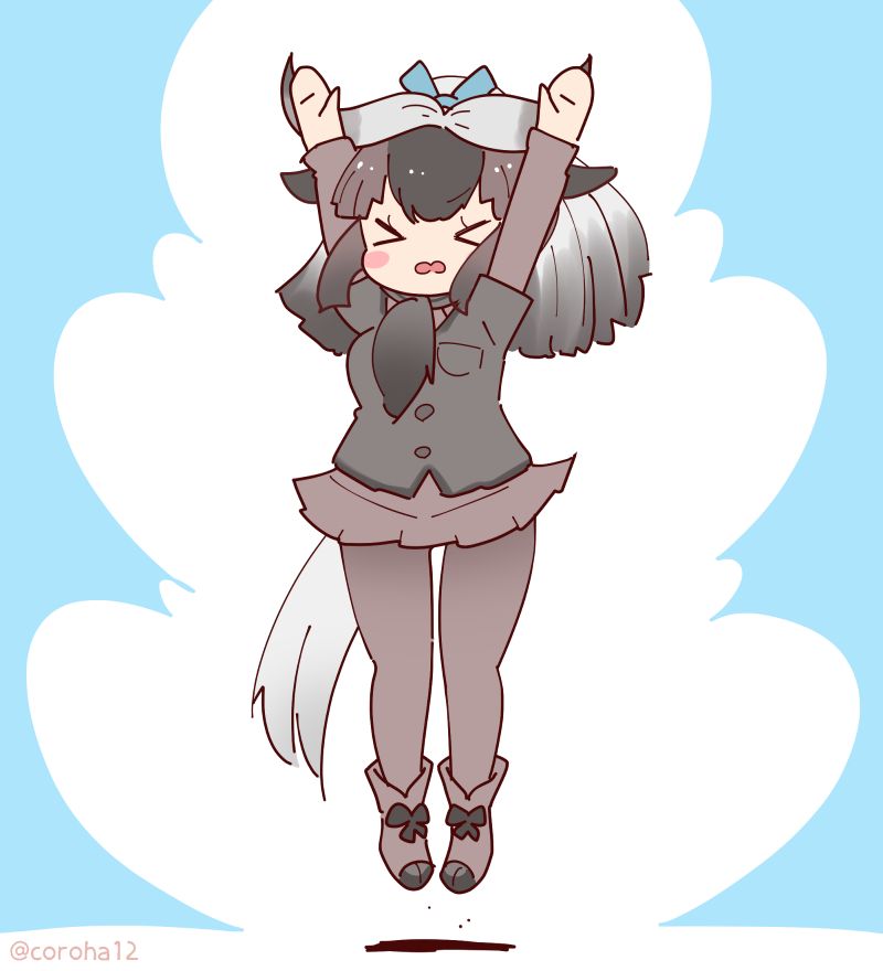 1girl animal_ears arms_up black_hair black_wildebeest_(kemono_friends) blue_background coroha cow_ears cow_girl cow_horns cow_tail extra_ears full_body horns jumping kemono_friends long_hair looking_at_viewer necktie pantyhose ribbon shirt shoes simple_background skirt solo tail