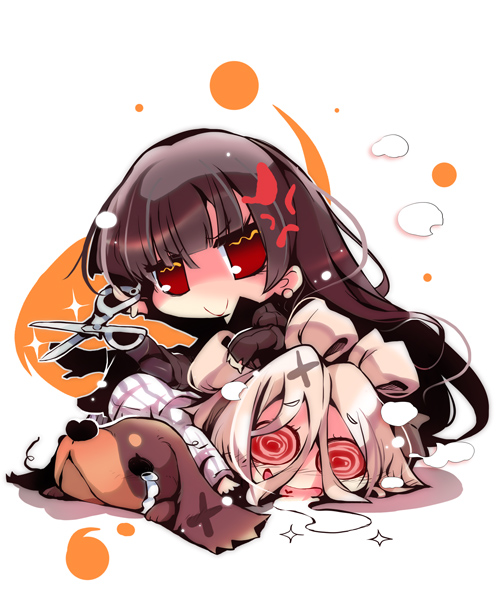10s black_hair blush brown_hair coat crying dog harumi_kazuhito heart hiiragi_suzuna inu_to_hasami_wa_tsukaiyou long_hair natsuno_kirihime open_mouth red_eyes saliva scissors simple_background smile sparkle tears