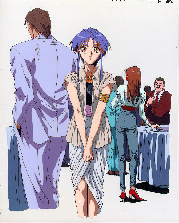 brown_hair cel cel_painting fatal_fury formal_clothes oobari_masami people production_art purple_hair snk suit sulia_gaudeamus table