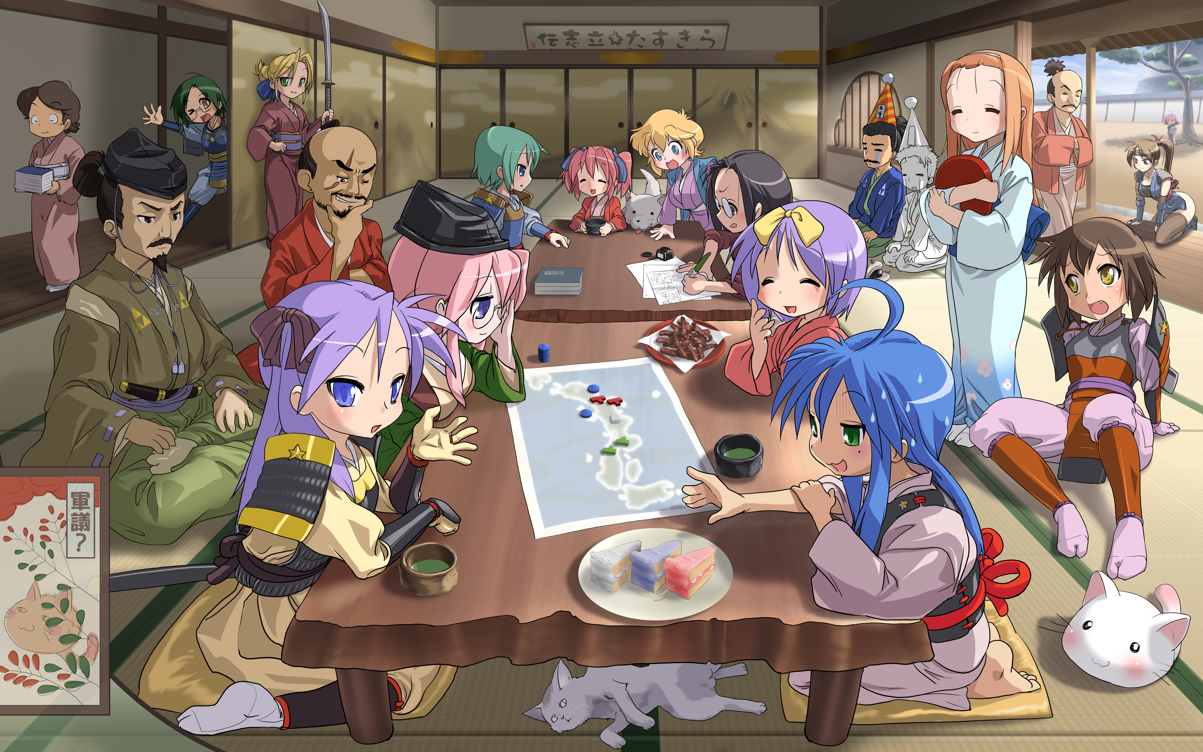 00s 4boys 6+girls absurdres bad_id bad_pixiv_id cosine everyone extra glasses highres hiiragi_kagami hiiragi_tsukasa houjou_ujimasa houjou_ujiyasu iwasaki_minami izumi_konata japanese_clothes kimono kobayakawa_yutaka kogami_akira kuroi_nanako kusakabe_misao long_hair lucky_star making-of_available map matsunaga_hisahide minegishi_ayano mole mole_under_eye multiple_boys multiple_girls narumi_yui ninja oota_sukemasa patricia_martin shiraishi_minoru short_hair siblings sisters sitting taikou_risshiden takara_miyuki tamura_hiyori triforce twins