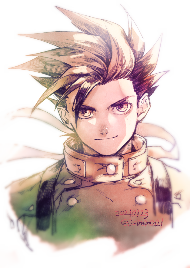 1boy brown_theme cropped_torso dated high_collar jacket lloyd_irving looking_at_viewer male_focus monochrome shin_(sinsin12121) simple_background smile solo spiked_hair suspenders tales_of_(series) tales_of_symphonia twitter_username upper_body