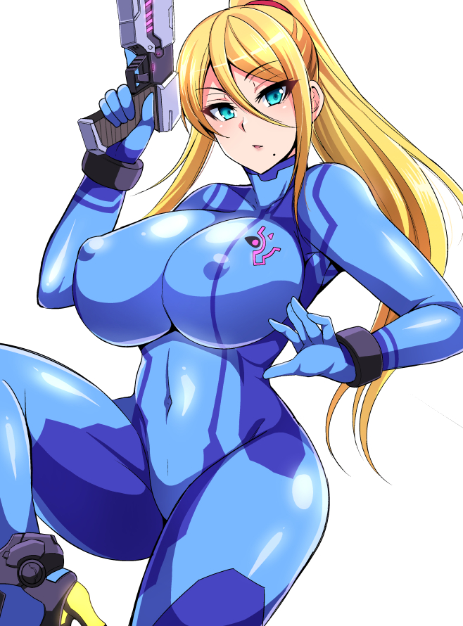 1girl blonde_hair blue_bodysuit bodysuit breasts covered_navel cutie_mark directed-energy_weapon energy_gun energy_weapon glowing glowing_gun glowing_weapon gun handgun high_heels impossible_bodysuit impossible_clothes large_breasts metroid metroid:_zero_mission nintendo nishida_megane paralyzer pistol ponytail samus_aran simple_background solo weapon white_background zero_suit