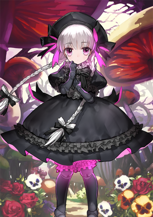 1girl black_bow black_bowtie black_dress black_hat black_skin bow bowtie braid child closed_mouth colored_extremities colored_skin doll_joints dot_mouth dot_nose dress fate/grand_order fate_(series) feet_out_of_frame flower hair_bow hand_up hat hat_bow joints long_hair looking_to_the_side low_twin_braids mushroom nursery_rhyme_(fate) official_art pansy pink_eyes pinstripe_bowtie puffy_short_sleeves puffy_sleeves purple_flower purple_pansy red_flower red_rose rose short_dress short_sleeves solo standing third-party_source twin_braids variant_set very_long_hair wada_arco white_bow white_flower white_hair yellow_flower yellow_pansy