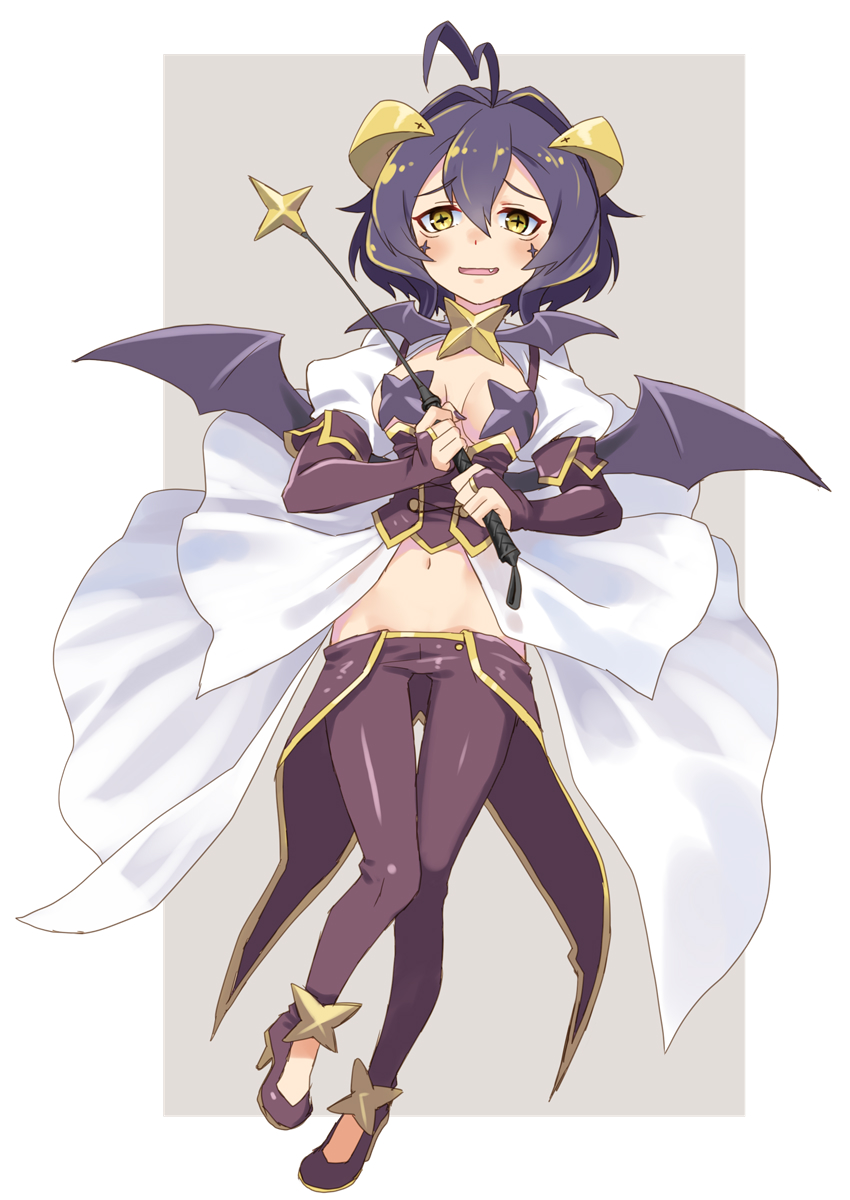 +_+ 1girl blush breasts commentary_request fang full_body highres hiiragi_utena horns katahira_masashi looking_at_viewer lowleg lowleg_pants magia_baiser magical_girl mahou_shoujo_ni_akogarete medium_breasts navel nervous_smile pants purple_hair riding_crop short_hair smile solo wings yellow_eyes