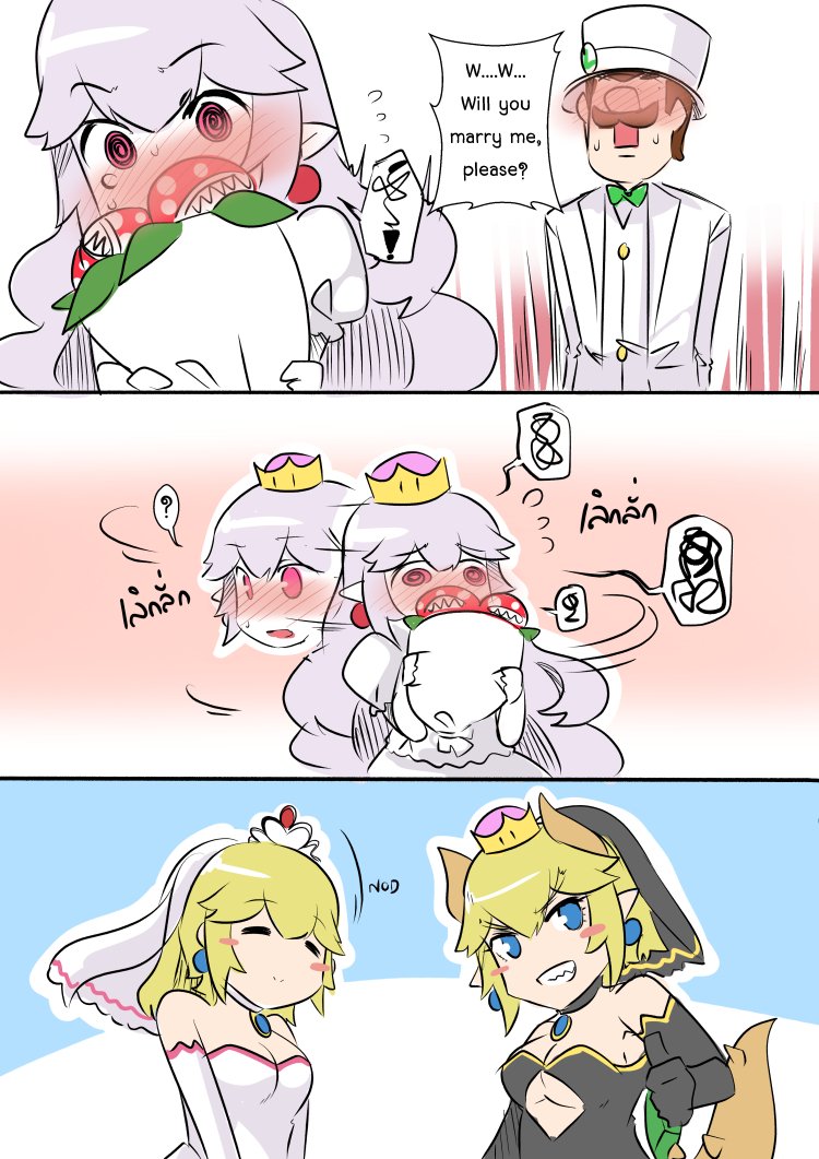 1boy 3girls alternate_costume bare_shoulders black_dress blonde_hair blue_eyes blush_stickers boo_(mario) bouquet bowsette cleavage_cutout clothing_cutout colored_skin comic dress earrings elbow_gloves flower formal_clothes gloves horns jewelry light_purple_hair long_hair luigi luigi&#039;s_mansion mario_(series) multiple_girls new_super_mario_bros._u_deluxe nintendo nodding pink_eyes piranha_plant ponytail princess_king_boo princess_peach princess_peach_(wedding) puffy_short_sleeves puffy_sleeves sesield short_hair short_sleeves strapless strapless_dress suit super_crown surprised thumbs_up very_long_hair wedding_dress white_dress white_gloves white_skin white_suit