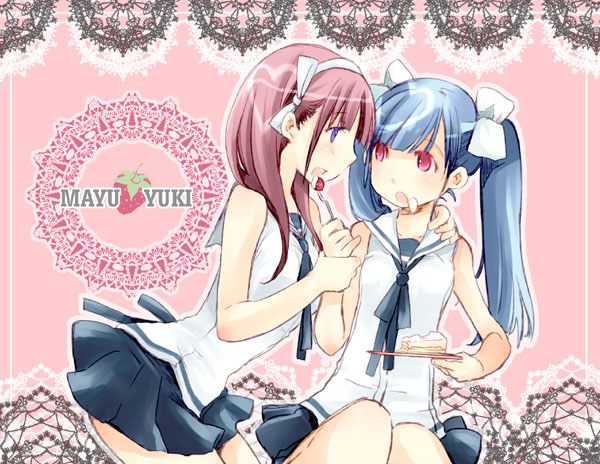 10s 2girls :d :o akb0048 arm_around_neck blue_eyes blue_hair blunt_bangs blush border bow breasts cake character_name cream eating eye_contact food food_on_face fork framed fruit hair_bow hair_over_shoulder hairband holding holding_another&#039;s_wrist kashiwagi_yuki_(akb0048) lace lace_border leaning_forward long_hair looking_at_another miniskirt multiple_girls necktie open_mouth ornate_border parted_bangs pink_background pink_eyes pink_hair plate pleated_skirt profile ribbon school_uniform serafuku shikage_nagi shirt sitting skinny skirt sleeveless sleeveless_shirt small_breasts smile strawberry surprised twintails watanabe_mayu_(akb0048) yuri