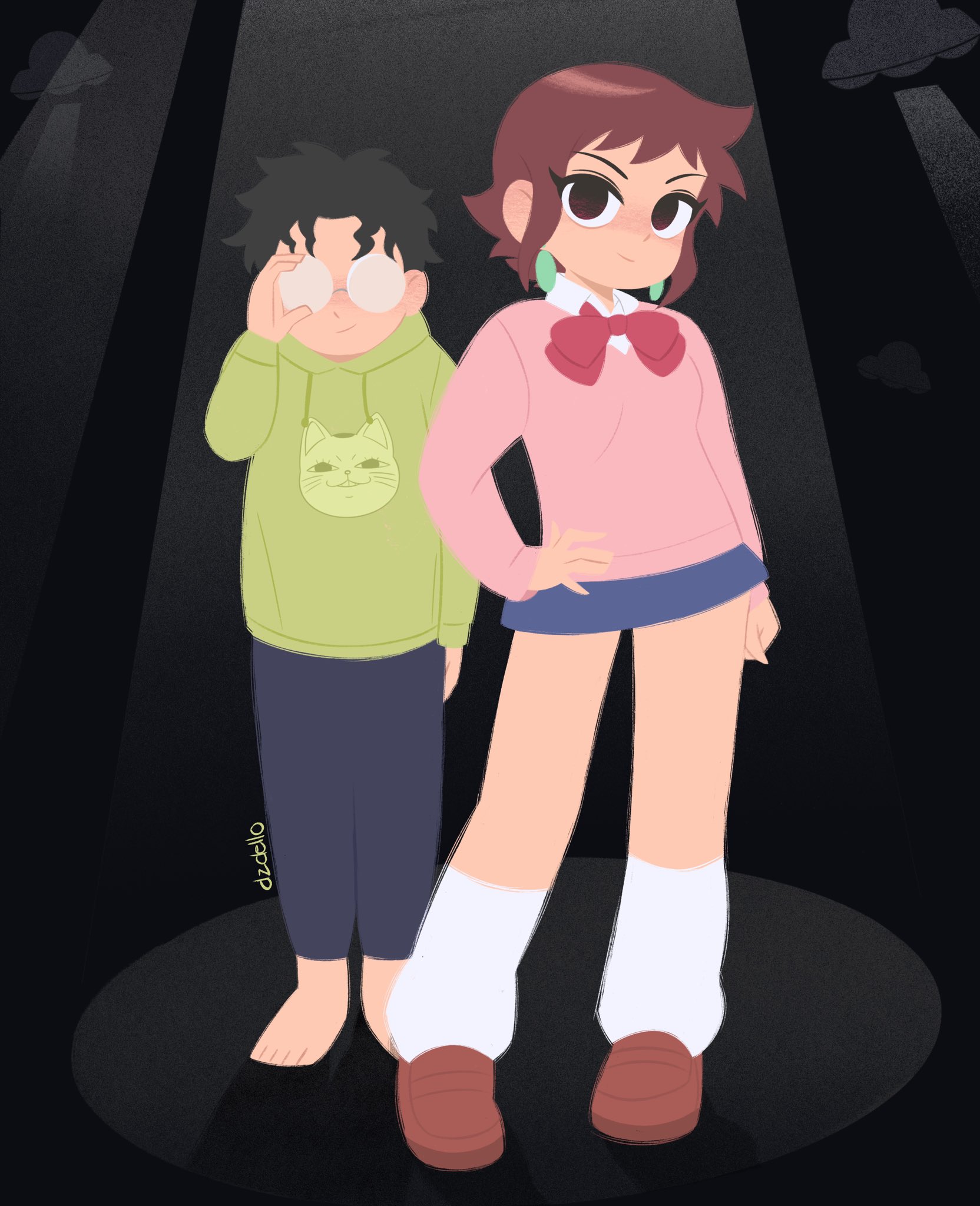 1boy 1girl alt_text ayase_momo ayase_momo_(cosplay) barefoot black_background black_hair blue_skirt bow bowtie brown_eyes brown_shoes commentary company_connection cosplay dandadan denim dzdello english_commentary full_body glasses green_hoodie gyaru highres hood hoodie jeans kogal loafers looking_at_viewer loose_socks no_lineart official_style pants pink_shirt ramona_flowers red_bow red_bowtie school_uniform science_saru scott_pilgrim scott_pilgrim_(series) scott_pilgrim_takes_off shirt shoes short_hair sidelocks skirt socks spotlight standing takakura_ken_(dandadan) takakura_ken_(dandadan)_(cosplay) turbo_granny_(dandandan) white_socks