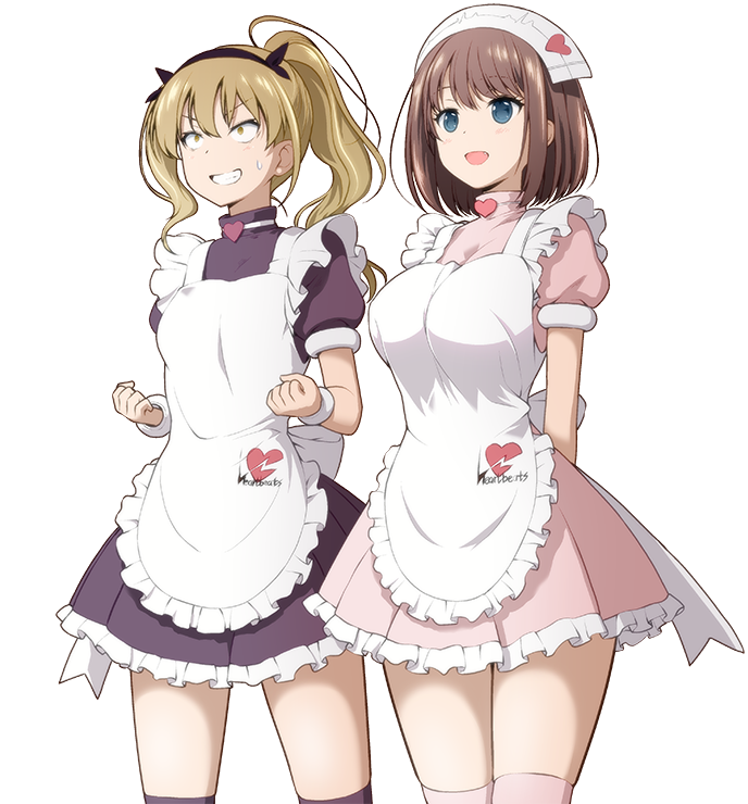 2girls alternate_hairstyle apron black_dress black_hairband black_thighhighs blonde_hair blue_eyes bracelet breasts brown_hair clenched_hands dress frilled_apron frills grin hairband heart jewelry kobayashi_ritz large_breasts medium_hair multiple_girls open_mouth pink_dress pink_thighhighs ponytail saki_(manga) short_dress small_breasts smile thighhighs turtleneck turtleneck_dress unozawa_shiori watanabe_rune yellow_eyes