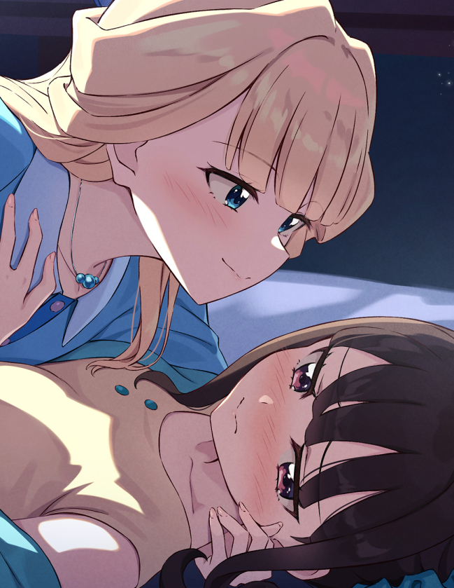 2girls blonde_hair blue_dress blue_eyes blush brown_eyes brown_hair closed_mouth commentary_request commission dress hand_on_another&#039;s_neck hand_on_another&#039;s_shoulder jewelry multiple_girls necklace nekoyashiki_mayu nekoyashiki_yuki nuenue precure shirt skeb_commission smile wonderful_precure! yellow_shirt yuri