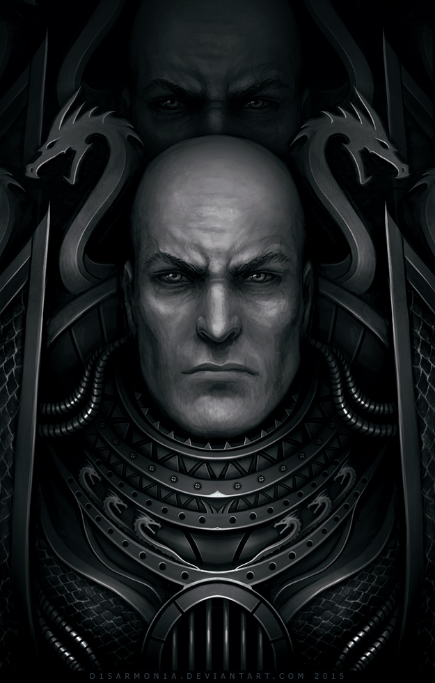 2boys alpha_legion alpharius alpharius_omegon armor bald behind_another black_background breastplate closed_mouth commentary dated deviantart_username english_commentary looking_at_viewer male_focus monochrome multiple_boys omegon portrait power_armor primarch scale_armor simple_background solo_focus straight-on veronica_anrathi warhammer_40k watermark web_address