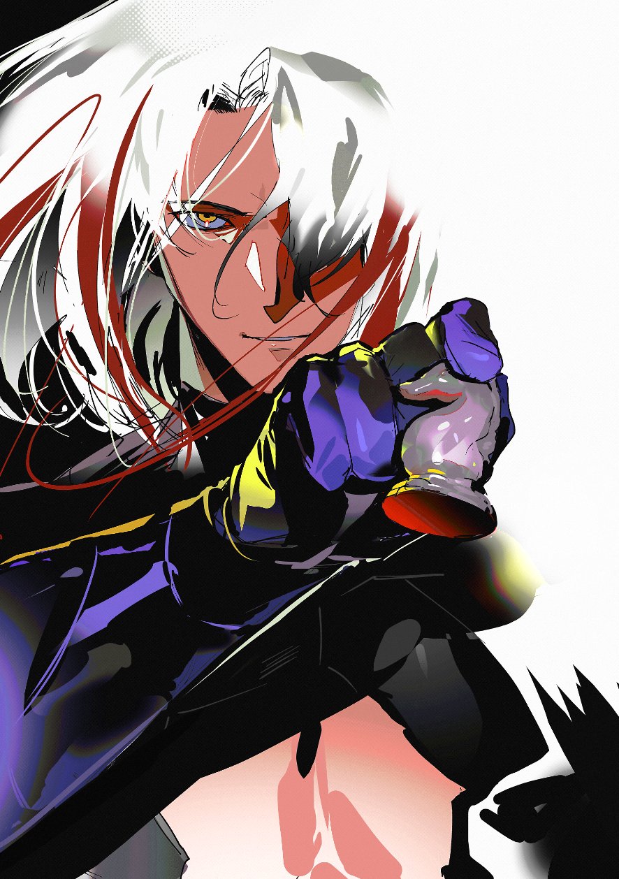 1boy chess_piece fate/grand_order fate_(series) gloves hair_over_one_eye highres holding holding_chess_piece knight_(chess) long_hair looking_at_viewer male_focus multicolored_hair odysseus_(fate) red_hair simple_background smile solo streaked_hair upper_body white_background white_hair yellow_eyes zzapung