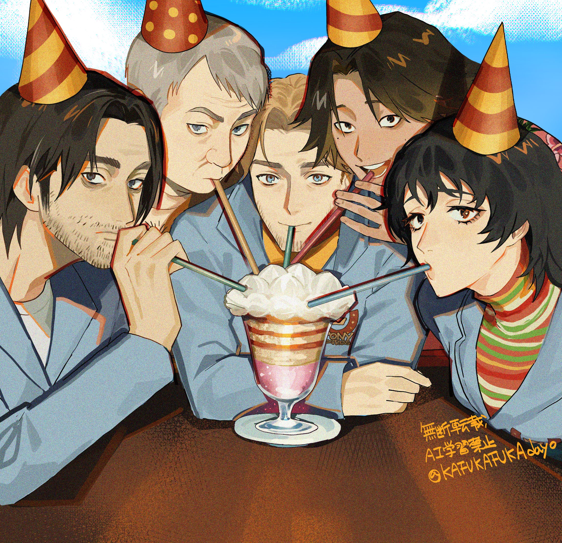 1girl 4boys :d anya_(mouthwashing) beard_stubble black_eyes black_hair blonde_hair blue_eyes brown_hair curly_(mouthwashing) curly_(pre-crash)_(mouthwashing) daisuke_(mouthwashing) drinking drinking_straw everyone facial_hair food frown grey_eyes grey_hair hat highres holding holding_drinking_straw jimmy_(mouthwashing) jumpsuit kafukafukadayo looking_at_viewer male_focus mole mole_under_eye mouthwashing multiple_boys open_mouth parfait party_hat short_hair smile striped_clothes stubble swansea_(mouthwashing) twitter_username whipped_cream