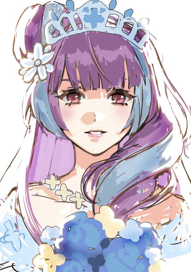 1girl blue_dress blue_flower blue_hair bouquet bridal_veil bride commentary dress english_commentary flower hair_bun hair_flower hair_ornament holding holding_bouquet looking_at_viewer macross macross_delta mikumo_guynemer multicolored_hair nekkikamille parted_lips portrait purple_eyes purple_hair single_hair_bun sketch solo straight-on streaked_hair tiara veil wedding_dress white_background yellow_flower