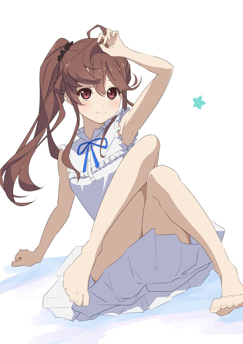 1girl 22/7 ano_hi_mita_hana_no_namae_wo_bokutachi_wa_mada_shiranai. black_scrunchie blue_ribbon blush brown_hair closed_mouth cosplay dress frilled_dress frills full_body furumoto hair_ornament hair_scrunchie hand_on_own_head high_side_ponytail highres honma_meiko honma_meiko_(cosplay) long_hair looking_up neck_ribbon ribbon scrunchie sidelocks sitting sleeveless sleeveless_dress smile solo toda_jun white_background white_dress