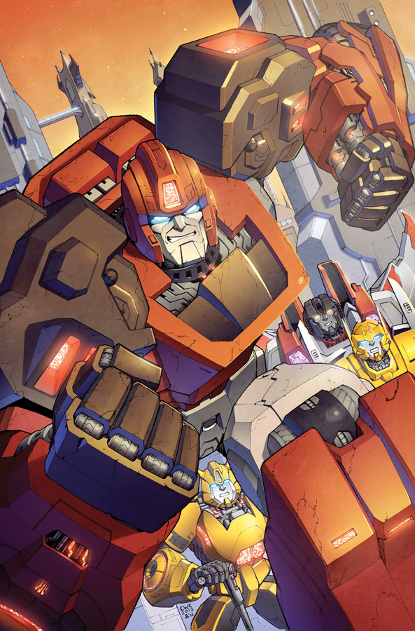 4boys autobot blue_eyes bumblebee cane casey_w._coller clenched_hands commentary decepticon english_commentary holding holding_cane ironhide looking_ahead mecha metalhawk multiple_boys no_humans robot science_fiction smirk starscream the_transformers_(idw) transformers upper_body