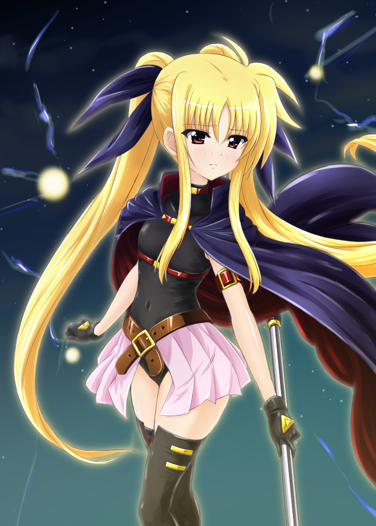 1girl bardiche_(nanoha) blonde_hair cape diesel-turbo fate_testarossa fate_testarossa_(movie_1st_form) female_focus gloves hair_ribbon leotard long_hair lyrical_nanoha magical_girl mahou_shoujo_lyrical_nanoha night night_sky red_eyes ribbon showgirl_skirt sky solo thighhighs twintails