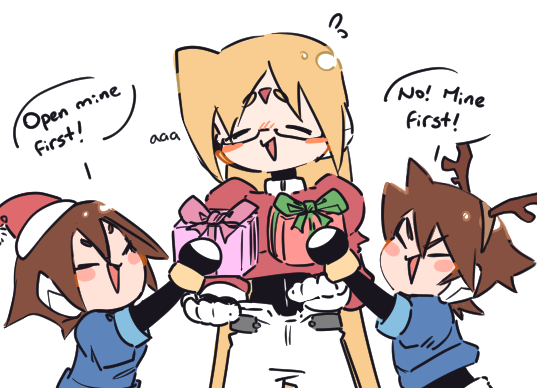 1girl 2boys aile_(mega_man_zx) antlers blonde_hair blue_jacket blush box brown_hair closed_eyes cropped_jacket facial_mark fake_antlers forehead_mark ghosty_entity gift gift_box girouette_(mega_man) hat horns jacket long_hair mega_man_(series) mega_man_zx mini_hat mini_santa_hat multiple_boys pants red_hat red_jacket reindeer_antlers robot_ears santa_hat short_hair simple_background vent_(mega_man) white_background white_pants