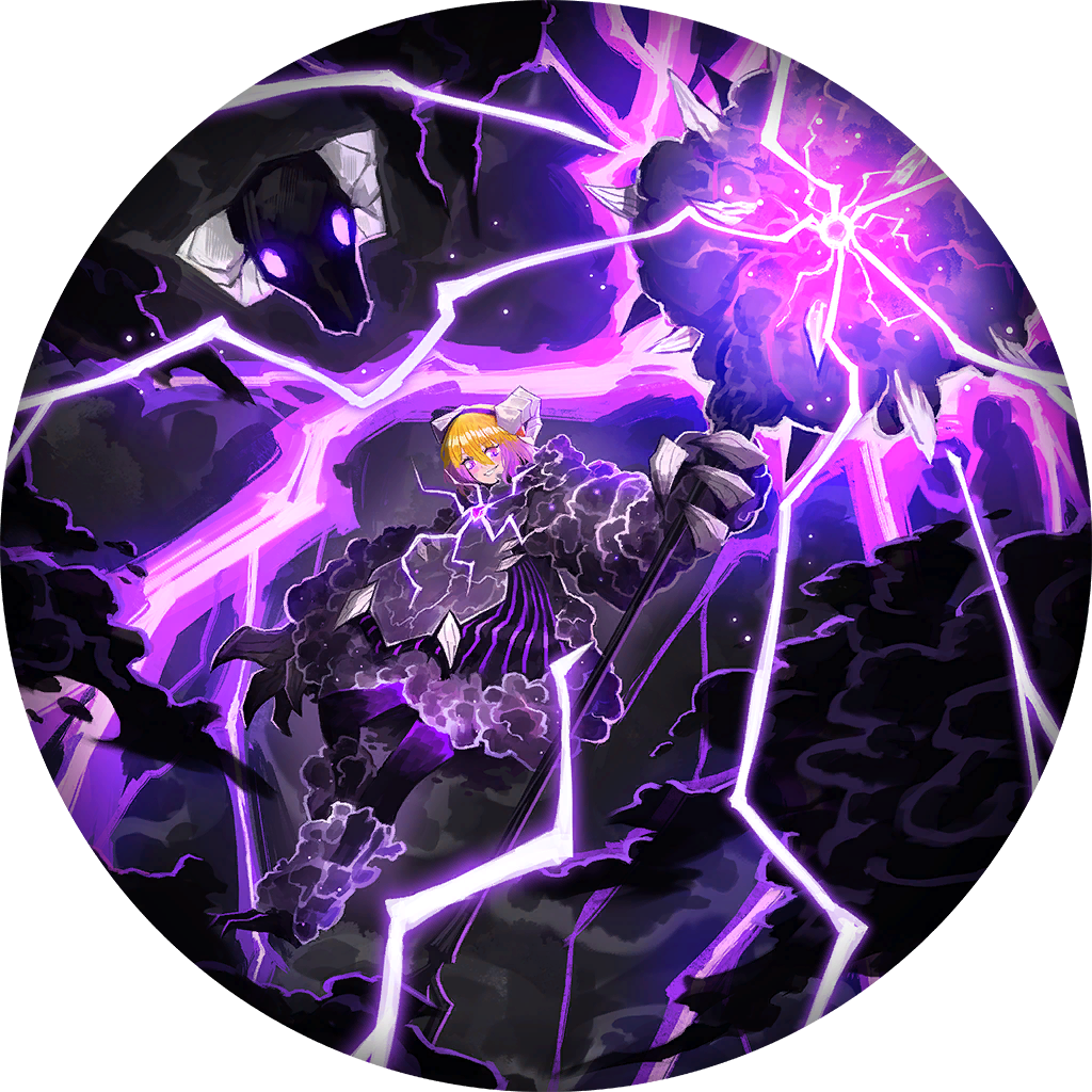 blonde_hair claws cloud coat don_quixote_(project_moon) dreaming_electric_sheep e.g.o_(project_moon) electric_screaming_(e.g.o) electricity flying fur_coat game_cg headband horns limbus_company multicolored_hair nai_ga official_art project_moon purple_coat purple_eyes purple_hair sheep sheep_horns short_hair solo_focus staff