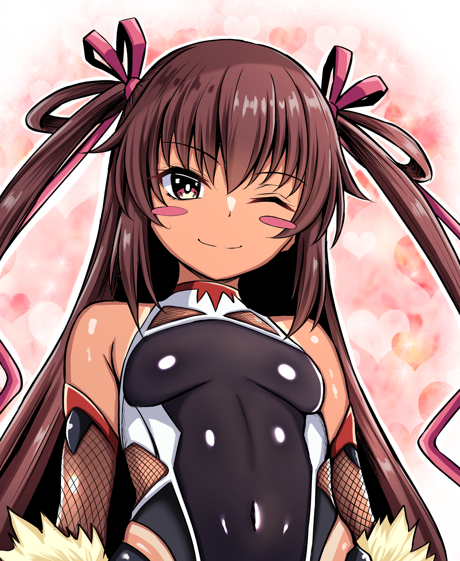 1girl black_leotard blush_stickers breasts covered_navel curvy dark-skinned_female dark_skin highleg highleg_leotard highres kanna_(minamozuki) leotard long_hair looking_at_viewer mizuki_yukikaze naughty_face one_eye_closed revealing_clothes shiny_clothes shiny_skin small_breasts solo taimanin_(series) taimanin_yukikaze tan twintails very_long_hair wide_hips wink