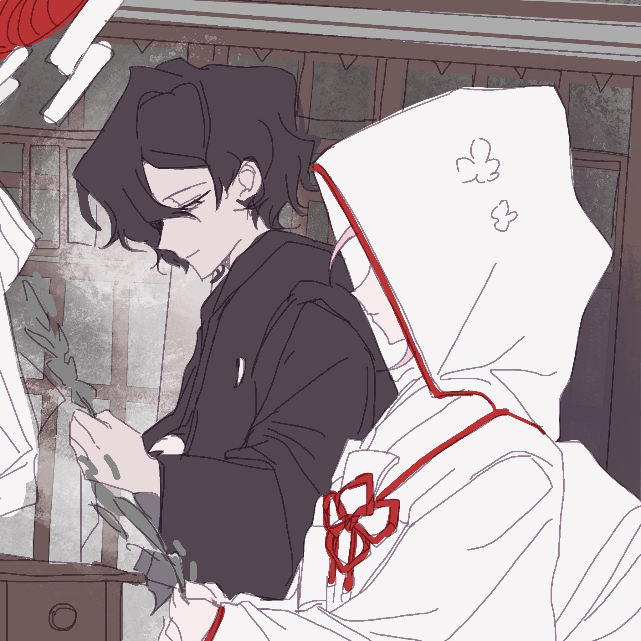 2boys alternate_costume black_hair black_kimono chinese_commentary closed_mouth commentary_request crossdressing flower_knot gao_tongren_wanjiebufu grey_eyes hatsumoude hatsutori_hajime highres japanese_clothes kimono long_sleeves male_focus multiple_boys new_year pink_hair red_trim saibou_shinkyoku shiromuku short_hair smile uchikake utsugi_noriyuki wataboushi white_kimono
