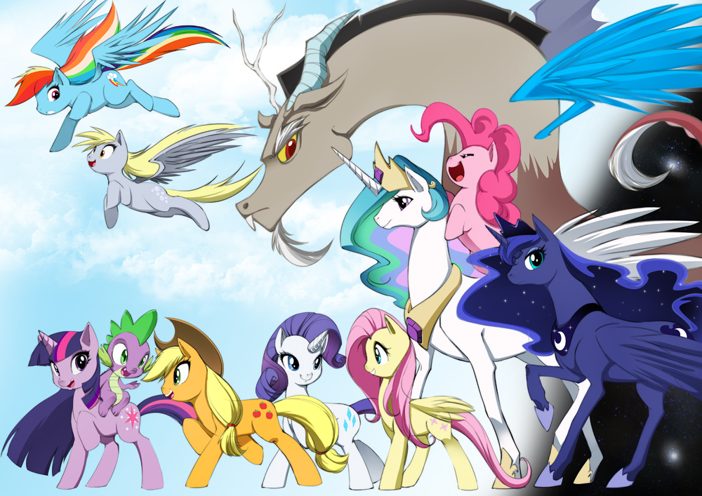 applejack beard bleedman blonde_hair blue_eyes princess_celestia closed_eyes colored_sclera cutie_mark derpy_hooves discord_(my_little_pony) everyone eye_contact facial_hair fang fluttershy green_eyes hat horns jewelry looking_at_another princess_luna multicolored_hair my_little_pony my_little_pony:_friendship_is_magic no_humans open_mouth pegasus pink_hair pinkie_pie pony_(animal) purple_eyes purple_hair rainbow_dash rainbow_hair rarity_(my_little_pony) red_eyes siblings single_horn sisters smile spike_(my_little_pony) standing twilight_sparkle unicorn wings yellow_eyes yellow_sclera
