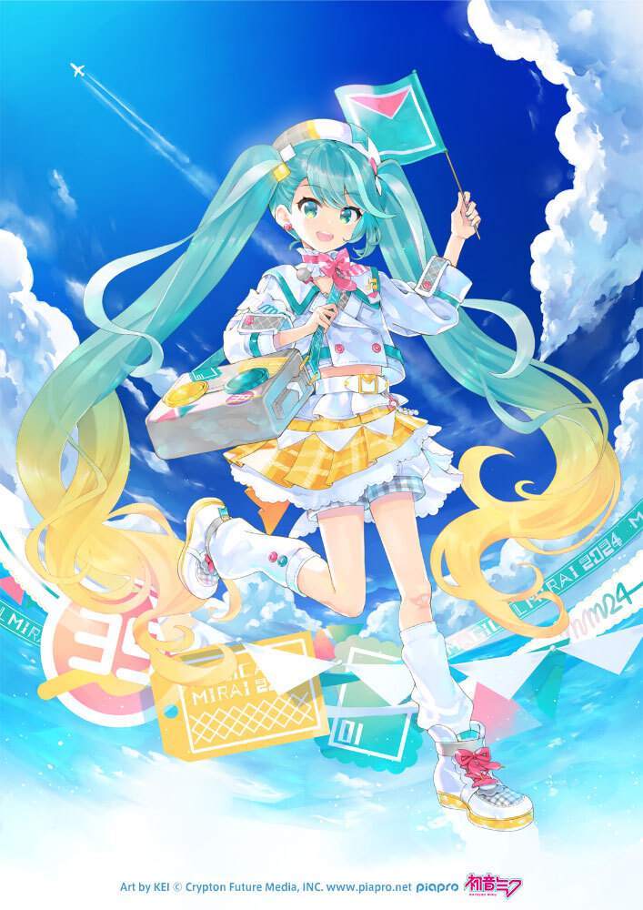 1girl 39 :d aircraft airplane aqua_eyes aqua_hair artist_name asymmetrical_bangs bag beret blonde_hair blue_sky cloud commentary_request copyright_notice cropped_jacket flag foot_up full_body gradient_hair grey_bag hat hatsune_miku holding holding_flag jacket kei_(keigarou) layered_skirt leg_warmers logo magical_mirai_(vocaloid) magical_mirai_miku magical_mirai_miku_(2024) multicolored_hair official_art open_mouth second-party_source shoes shorts shorts_under_skirt shoulder_bag skirt sky smile solo twintails vocaloid white_hat white_jacket white_leg_warmers white_shoes yellow_skirt