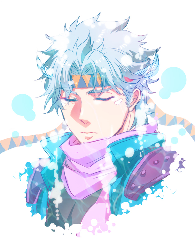 1boy bad_id bad_pixiv_id blue_hair blue_jacket caesar_anthonio_zeppeli facial_mark hachi_(gaoo) headband jacket jojo_no_kimyou_na_bouken male_focus solo